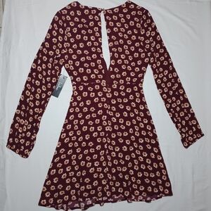 Lulu's Cream and Brown A-line Dress with Bishop Sleeves
